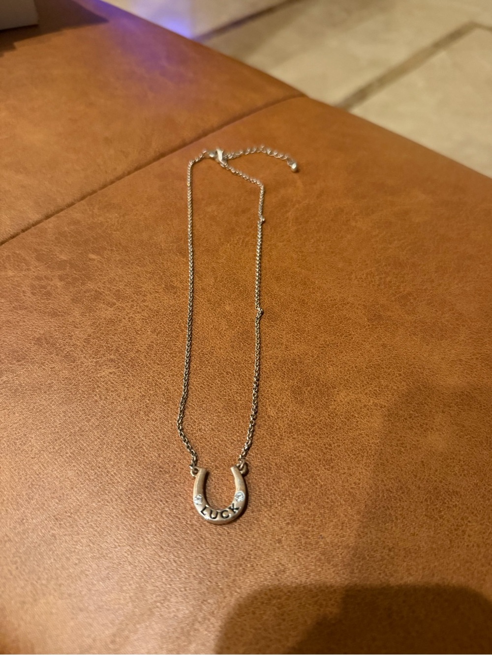 Signed SHA Silver-Tone Rhinestone Horseshoe "LUCK" Pendant Necklace